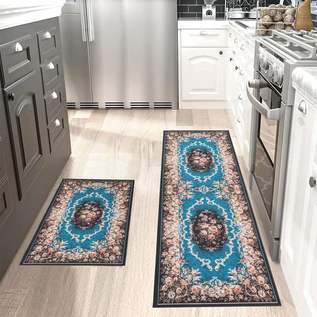 Freiesoldaten rutschfest Küchenteppich-Set 2 Stück Waschbar Bodenmatte Küche Küchenteppich mit TPR für die Küche Hausflur Wäscherei Schlafzimmer 40x60+40x120 CM Blau