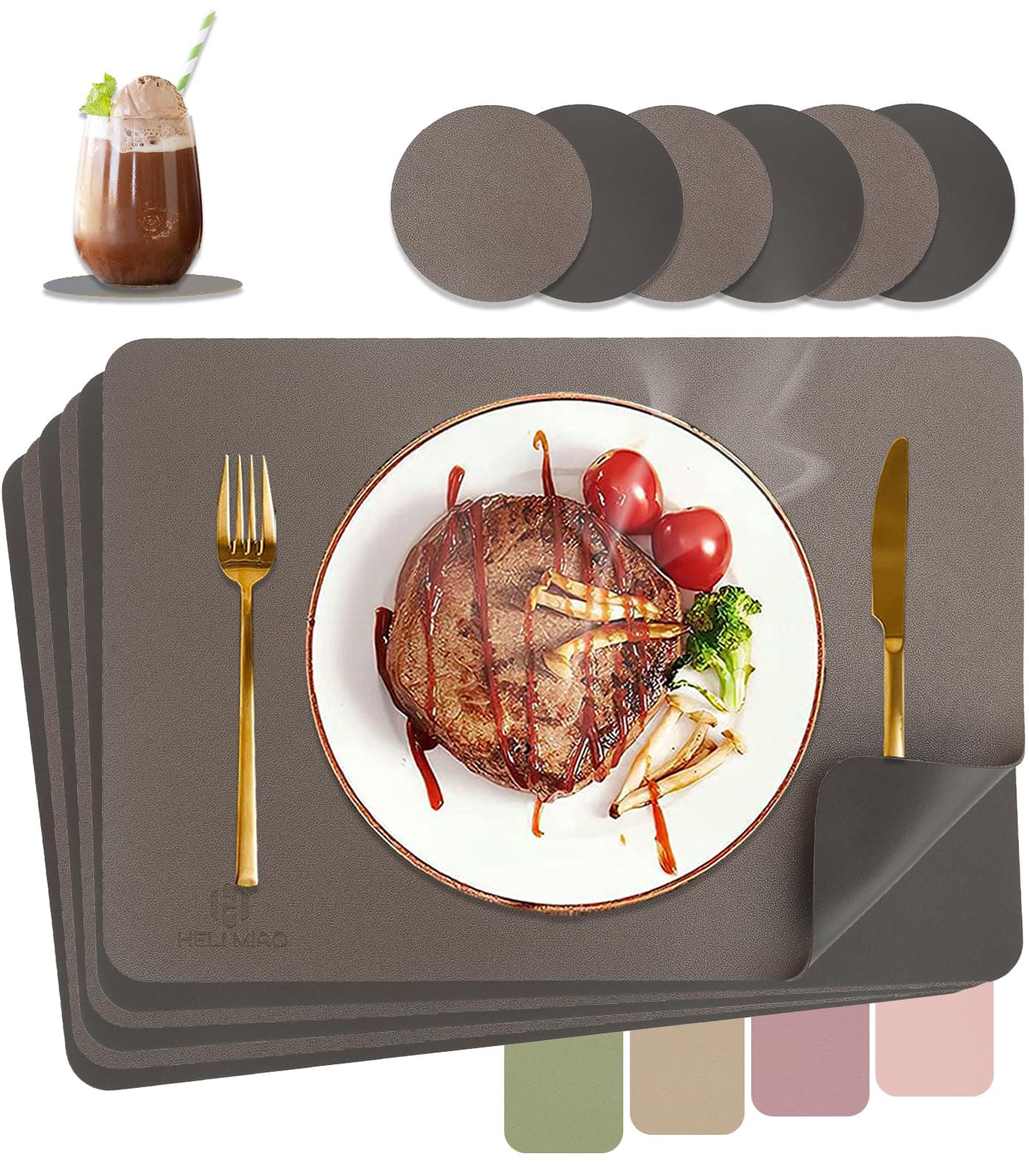 Tischsets Abwaschbar,Platzsets Abwischbar,Tischset Leder,Hitzebeständig Doppelseitigen I 6er Set Platzdeckchen Lederoptik mit Untersetzer,Tischuntersetzer,Platzdecken Goldbraun + Dunkelbraun Goldbraun + Dunkelbraun 6