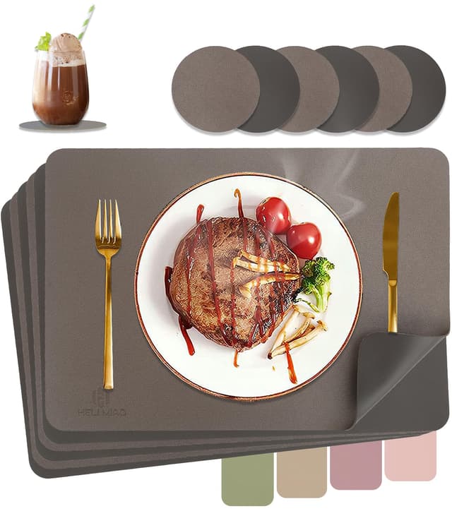 Tischsets Abwaschbar,Platzsets Abwischbar,Tischset Leder,Hitzebeständig Doppelseitigen I 6er Set Platzdeckchen Lederoptik mit Untersetzer,Tischuntersetzer,Platzdecken Goldbraun + Dunkelbraun Goldbraun + Dunkelbraun 6