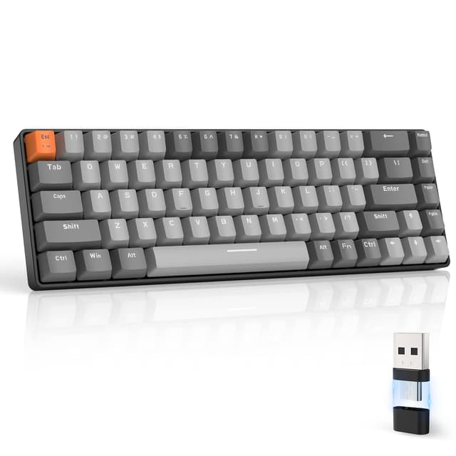 MAGIC-REFINER RK68 Kabellose Mechanische Gaming-Tastatur, Dual-Mode 2.4 GHz Wireless/Bluetooth 5.0, 60% Prozent Tastatur Hot-Swap-fähiger Roter Schalter mit 2-in-1-Empfänger für PC/Mac/Smartphone Roter Schalter 68 Tasten/Hellgrau