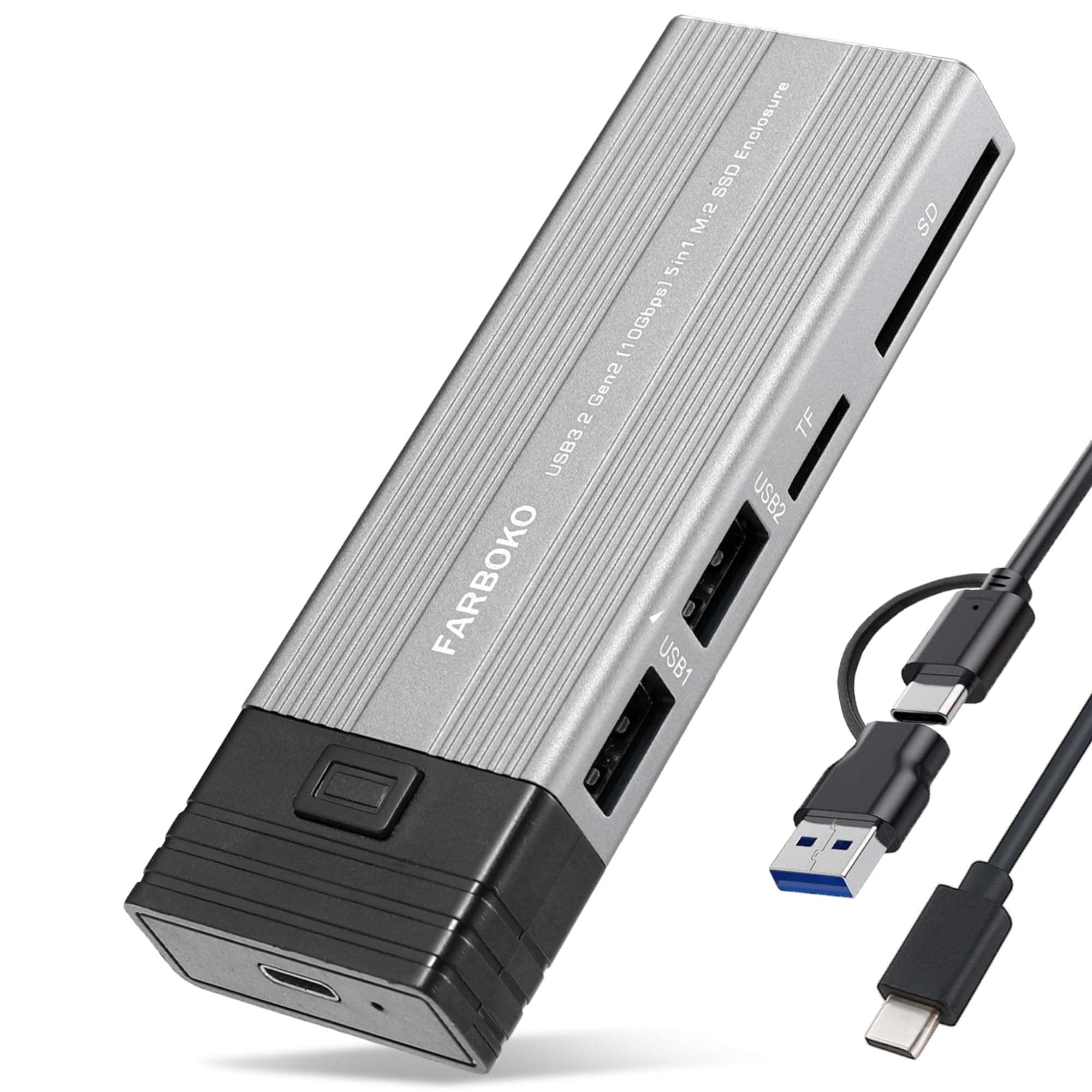 FARBOKO Nvme Gehäuse, M.2 SSD Adapter USB3.2/3.1 Gen2 10Gbps mit 2 USB 2.0 Ports & SD/TF Card Reader Tool-Free für M.2 NVMe/SATA SSD in 2242/2260/2280