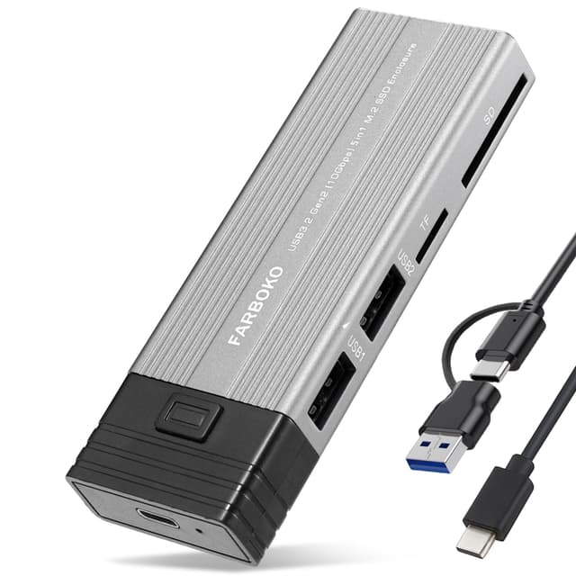 FARBOKO Nvme Gehäuse, M.2 SSD Adapter USB3.2/3.1 Gen2 10Gbps mit 2 USB 2.0 Ports & SD/TF Card Reader Tool-Free für M.2 NVMe/SATA SSD in 2242/2260/2280