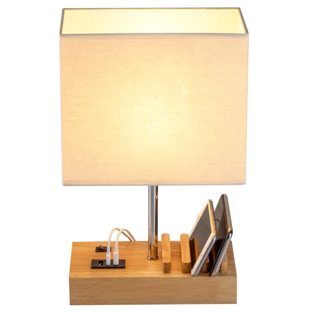 Dreamholder Tischlampe mit 3 USB A+C Anschlüssen, 3 Telefonständer, Moderne USB Nachttischlampe für Schlafzimmer, Wohnzimmer, Büro, Nachttischlampe mit Naturholzsockel & Stoffschirm Sockel aus Naturholz