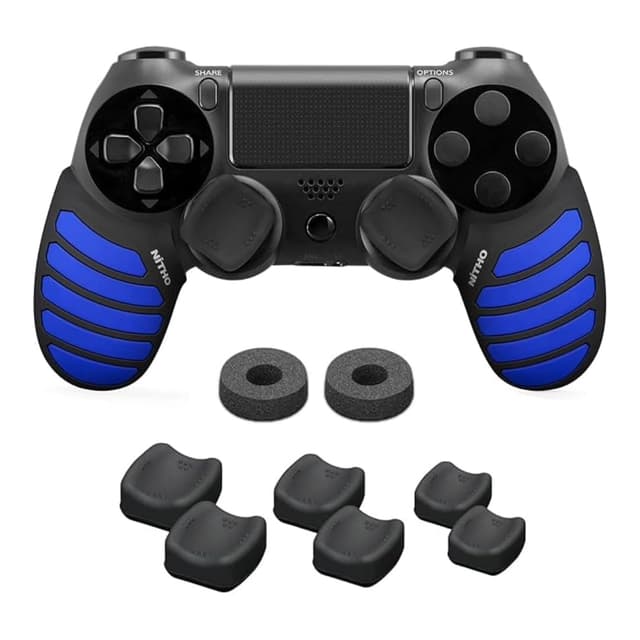 NiTHO Gaming Kit für PS4 Controller, Anti-Schweiß Silikongriffe, 2 Analoge Präzisionsringe, 3 Größen von 2 Konkaven Joystick-Kappen, Spielzubehör für Playstation 4 Controller - Schwarz/Blau