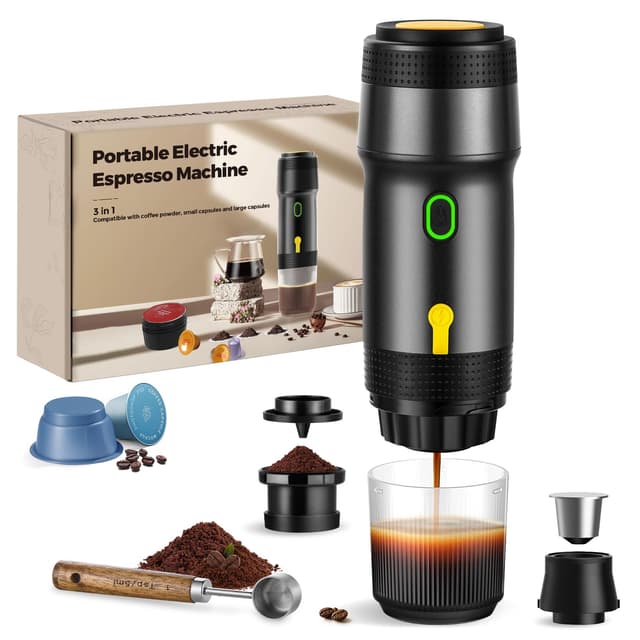 ICARE 3-in-1 Tragbarer Espressomaschine, 20BAR, 92°C Extraktion, 7500mAh Akku Kaffeemaschine für Auto, USB/12V Auto-Ladung, Camping Kaffeemaschine Klein Kompatibel mit Kapseln und Gemahlen, Schwarz