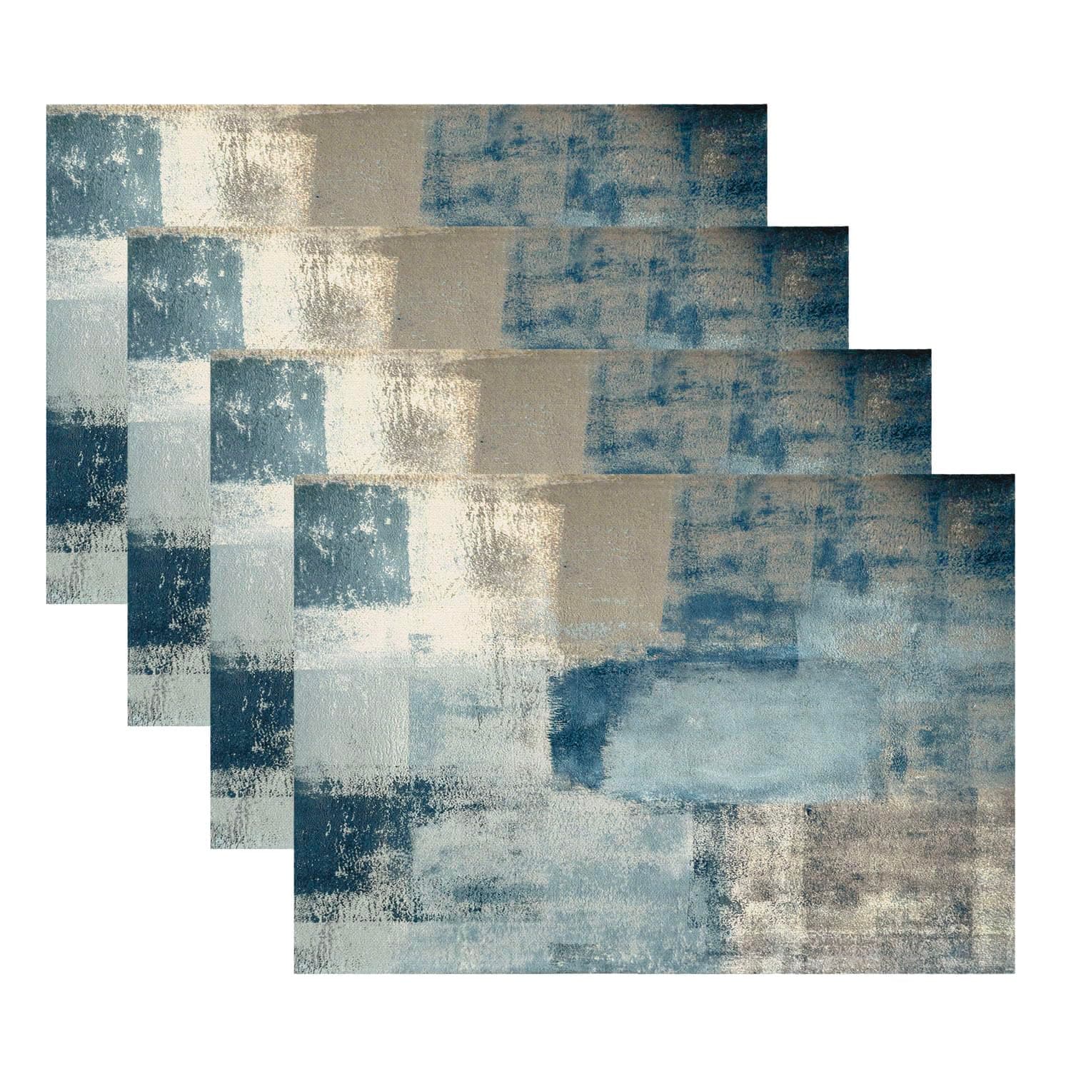 Kiatuniya Tischsets Abwaschbar Platzsets Blau Modern Kunst Gemälde Boho Landhausstil Abstrakte Abwischbar Placemat rutschfest Outdoor Tischmatte für Urlaub Bankett Küche Party Deko, 4er Set