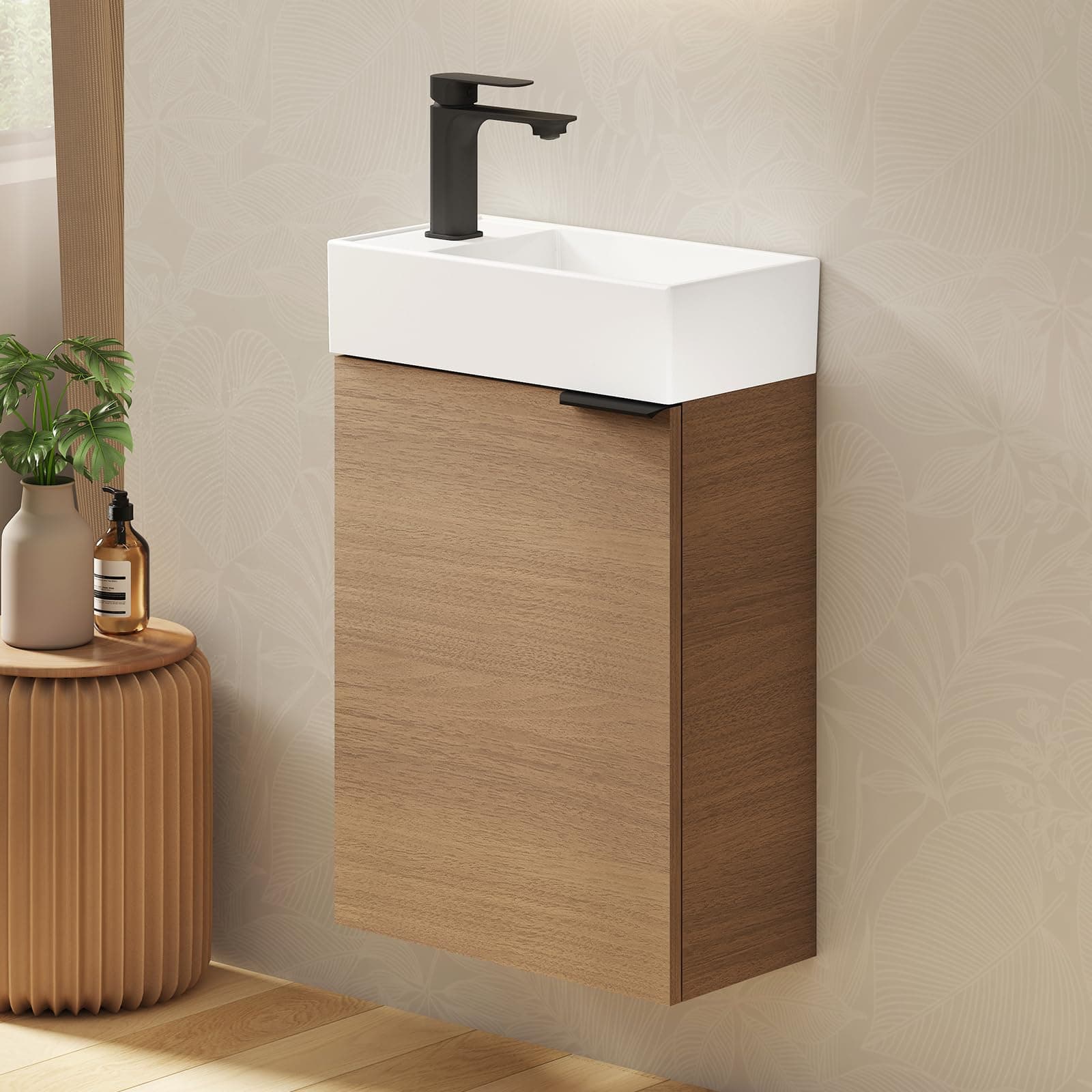 EMKE Waschtisch mit Unterschrank 41 cm, Badmöbel-Set mit Keramikwaschbecken – ideal für Gäste-WC & kleines Bad, Waschbecken mit Unterschrank, Sonoma Eiche (inkl. Armatur) mit Matt Schwarz Wasserhahn Sonoma Eiche