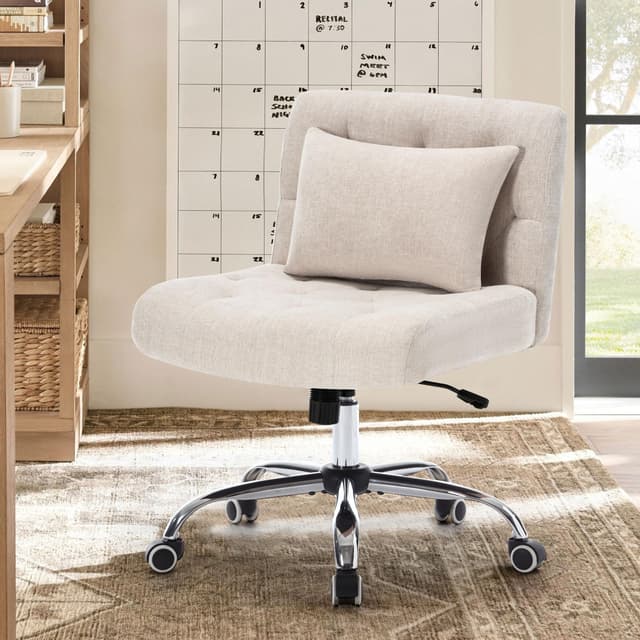 WOLMICS Schneidersitz Stuhl,Schreibtischstuhl mit Lendenkissen,Criss Cross Chair für Mädchen, Bürostuhl ohne Armlehnen aus Linen,Schminkstuhl 160KG Belastbarkeit,Drehstuhl für Schlafzimmer Beige