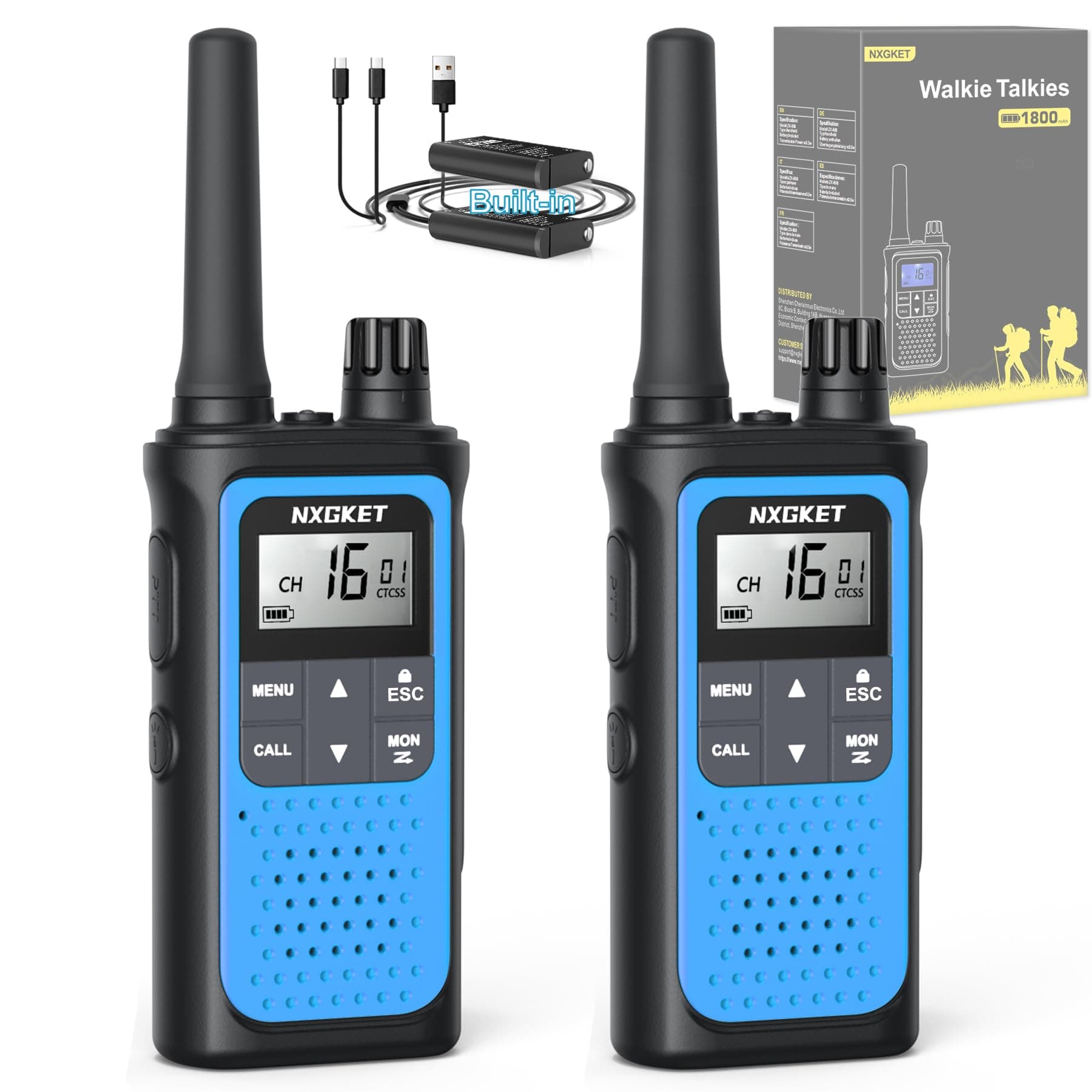 Walkie Talkie Kinder Erwachsene Spielzeug,2er Set NXGKET Große Reichweite 5km Walki Talki,Aufladbar mit 1800 Mah Akku, 16 KanäLe Funkgeräte mit Taschenlampe LED für Freien, Camping, Wandern 2er Set Blau