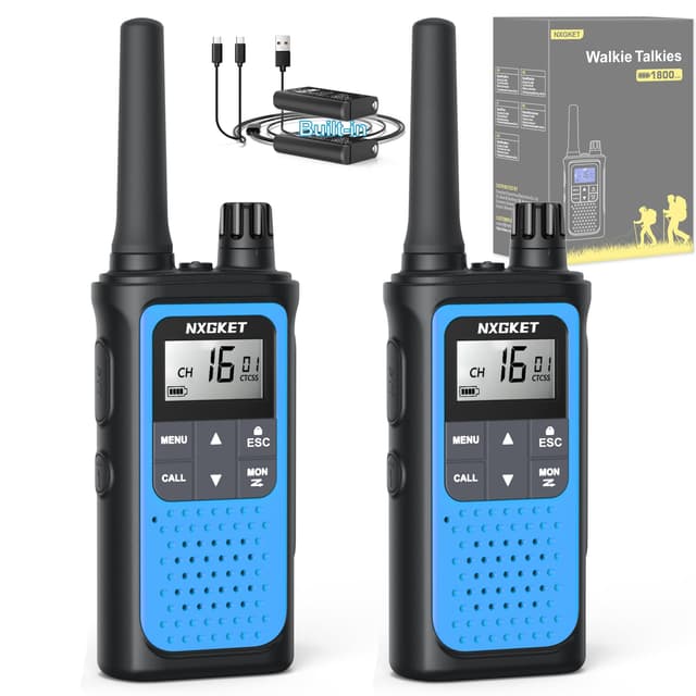 Walkie Talkie Kinder Erwachsene Spielzeug,2er Set NXGKET Große Reichweite 5km Walki Talki,Aufladbar mit 1800 Mah Akku, 16 KanäLe Funkgeräte mit Taschenlampe LED für Freien, Camping, Wandern 2er Set Blau