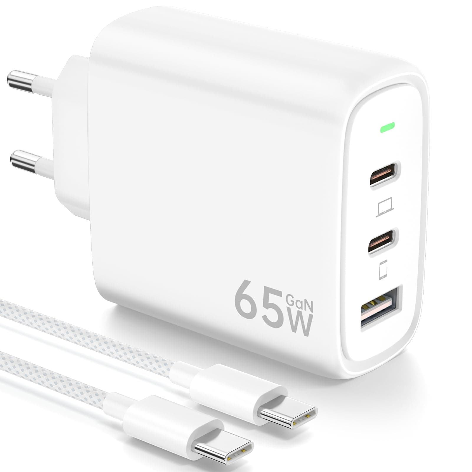 65W Ladegerät USB C Netzteil PPS Schnellladegerät 3-Port GaN PD Ladegerät, USB A und Typ C Charger mit 2M Typ C Kabel für iPhone 16/15, für Galaxy S24/23/S22, für MacBook Pro/Air, etc Weiß