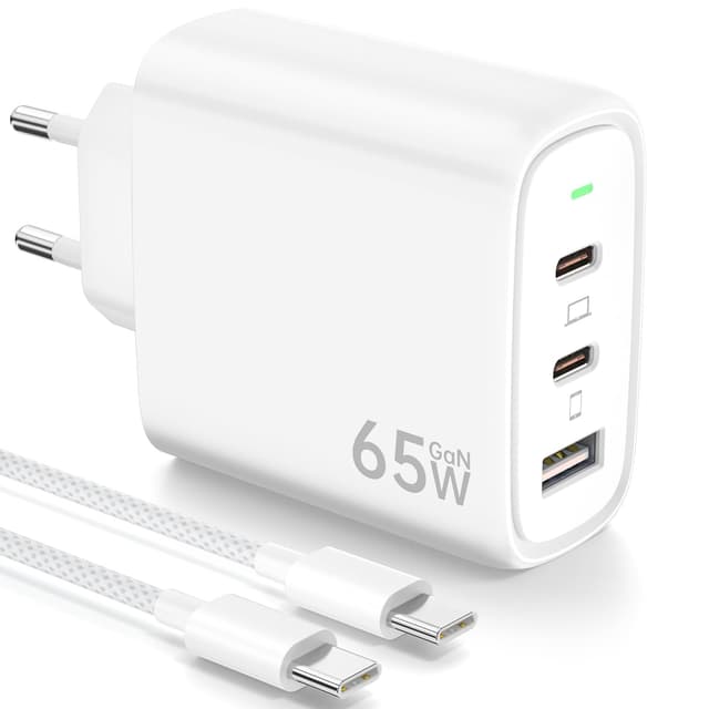 65W Ladegerät USB C Netzteil PPS Schnellladegerät 3-Port GaN PD Ladegerät, USB A und Typ C Charger mit 2M Typ C Kabel für iPhone 16/15, für Galaxy S24/23/S22, für MacBook Pro/Air, etc Weiß