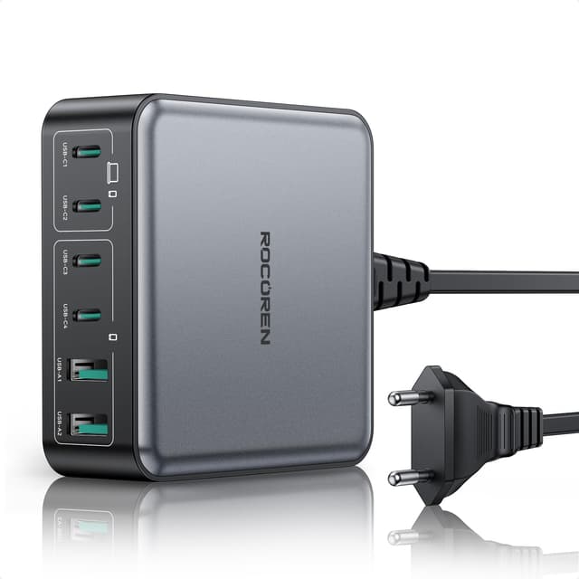 Rocoren USB C Ladegerät 270W, GaN 6-Port PD 100W QC4.0 PPS 2-Laptop USB Ladestation Schnellladegerät Mehrfach Netzteil für MacBook Pro Air, iPhone 16 15 14 Pro, Galaxy S25 S24, Steam Deck, Google usw Schwarz