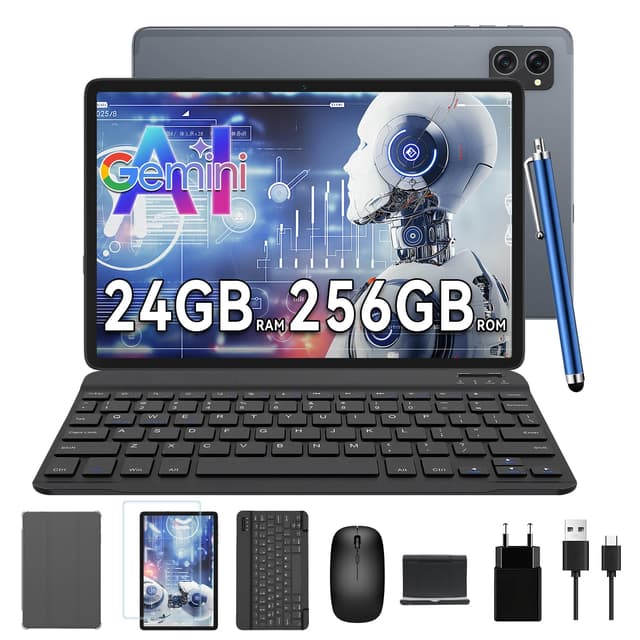 TABWEE Android 15 Tablet mit Tastatur - 24GB RAM+256GB ROM (2TB TF), Octa-Core, Gaming Tablet 10 Zoll, 5000mAh, 8MP+5MP, Gemini AI, Widevine L1, 5G WiFi, GPS, Face ID (2J Garantie) Grau