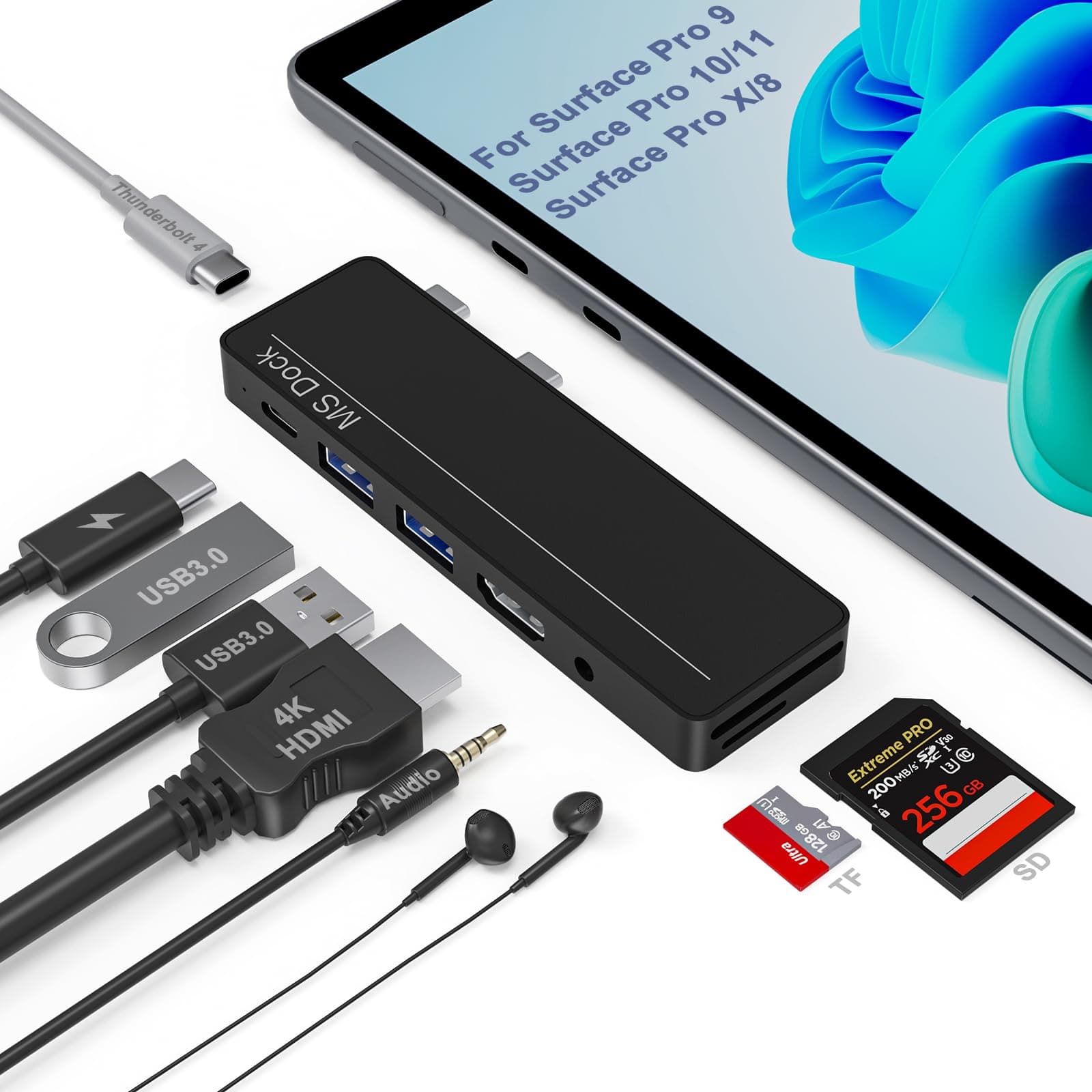 Surface Pro 11/10/9/8/X Docking Station, Surface Pro 11 Adapter Hub Surface Zubehör mit 4K HDMI, Thunderbolt 4 (8K@30Hz Video+40G Daten+100W PD), USB3.0, SD/TF, 3.5mm Audio für Surface Pro 8/9/10/11/X
