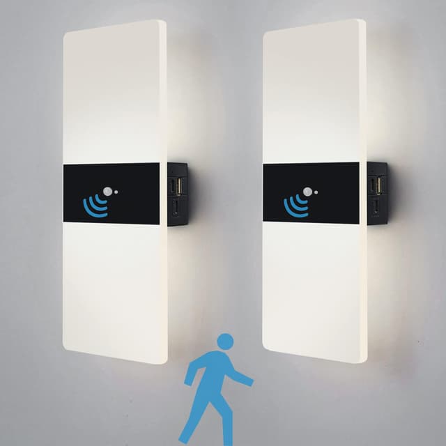 VOMI LED Kabellose Wandleuchte innen mit Bewegungsmelder, Acryl Akku Wandlampe Ohne Stromanschluss USB Aufladbar Wandbeleuchtung mit 4000mAh Batterie für Flur Treppen, 2st Weißes Licht Sensor 6000k