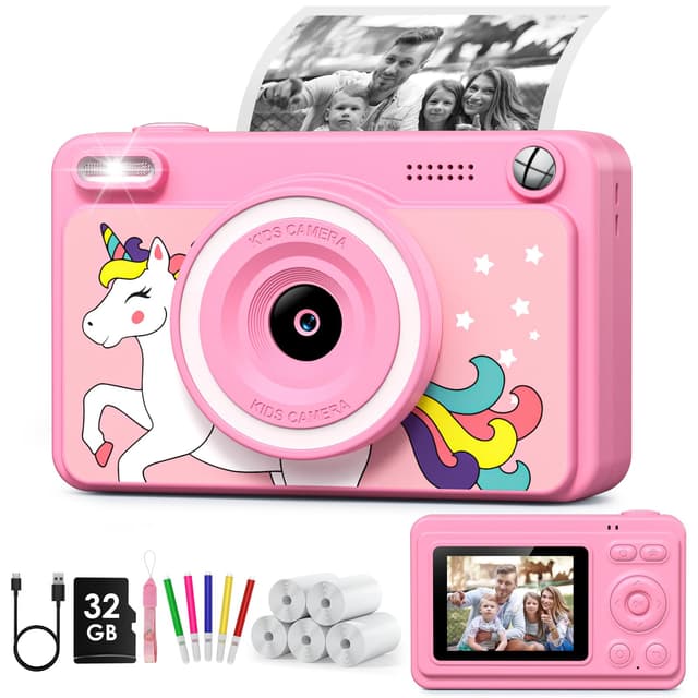 GREENKINDER Sofortbildkamera Kinder, 2.4 Zoll Bildschirm Kinderkamera Sofortbildkamera mit 32GB Karte & 5 Rollen Druckpapier,1080P Kamera Kinder Sofortdruck, Geschenk für 3-12 Jungen und Mädchen Rosa