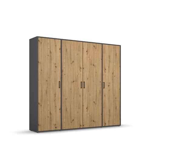 Rauch Möbel Voyager Schrank Kleiderschrank Drehtürenschrank, Eiche Artisan/Grau metallic, Holz, Schwarz, 4-türig, inkl. 1 Kleiderstange, 7 Einlegeböden BxHxT 187x194x53 cm Eiche Artisan/Grau Metallic Breite 187 cm | Ohne Spiegel Stangengriff Grau metallic