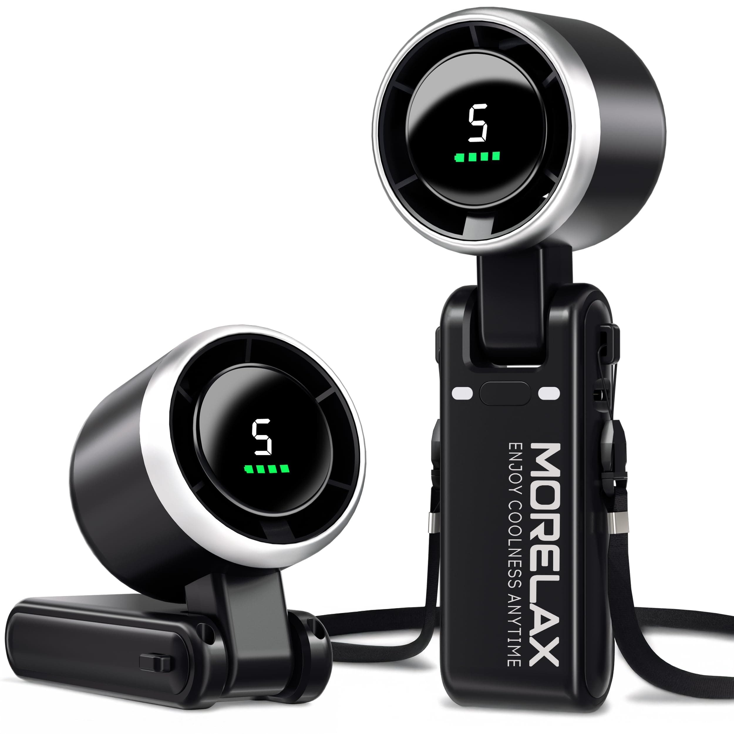 Morelax Tragbarer Turbo Handventilator, 5-stufiger, LED-Display, 4000mAh Akku USB Aufladbar, 3-in-1 Hand/Schreibtisch/Halsventilator für Reisen Camping Outdoor, Schwarz Schwarz Grau