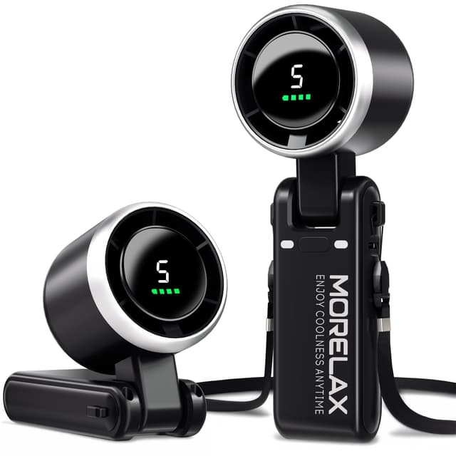 Morelax Tragbarer Turbo Handventilator, 5-stufiger, LED-Display, 4000mAh Akku USB Aufladbar, 3-in-1 Hand/Schreibtisch/Halsventilator für Reisen Camping Outdoor, Schwarz Schwarz Grau