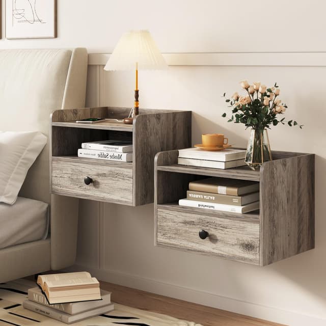 FiveWillowise Nachttisch Hängend 2er Set, Nachtschrank mit Schubladen, USB-Anschlüsse, Beistelltisch mit Ladefunktion, Wandmontage Nachtkommode Nachtkästche Modern für Schlafzimmer, Grau