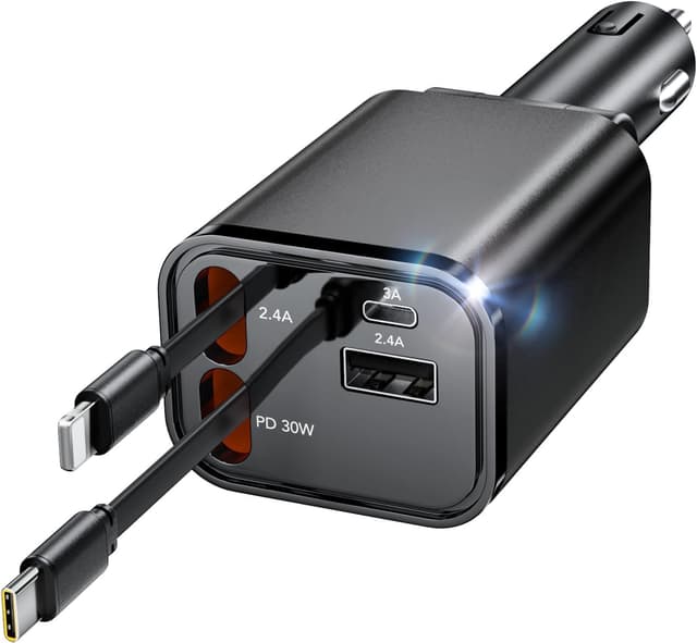 COCIVIVRE 4 in 1 Auto Ladegerät,Einziehbares Auto Schnellladegerät Zigarettenanzünder USB,Car Charger,Auto Adapter Kompatibel mit iPhone 16 15 14 Pro/Pro Max/Plus, Galaxy S24 23 22, Pixel,Huawei Mate Kabel für Apple +Type-c Schwarz