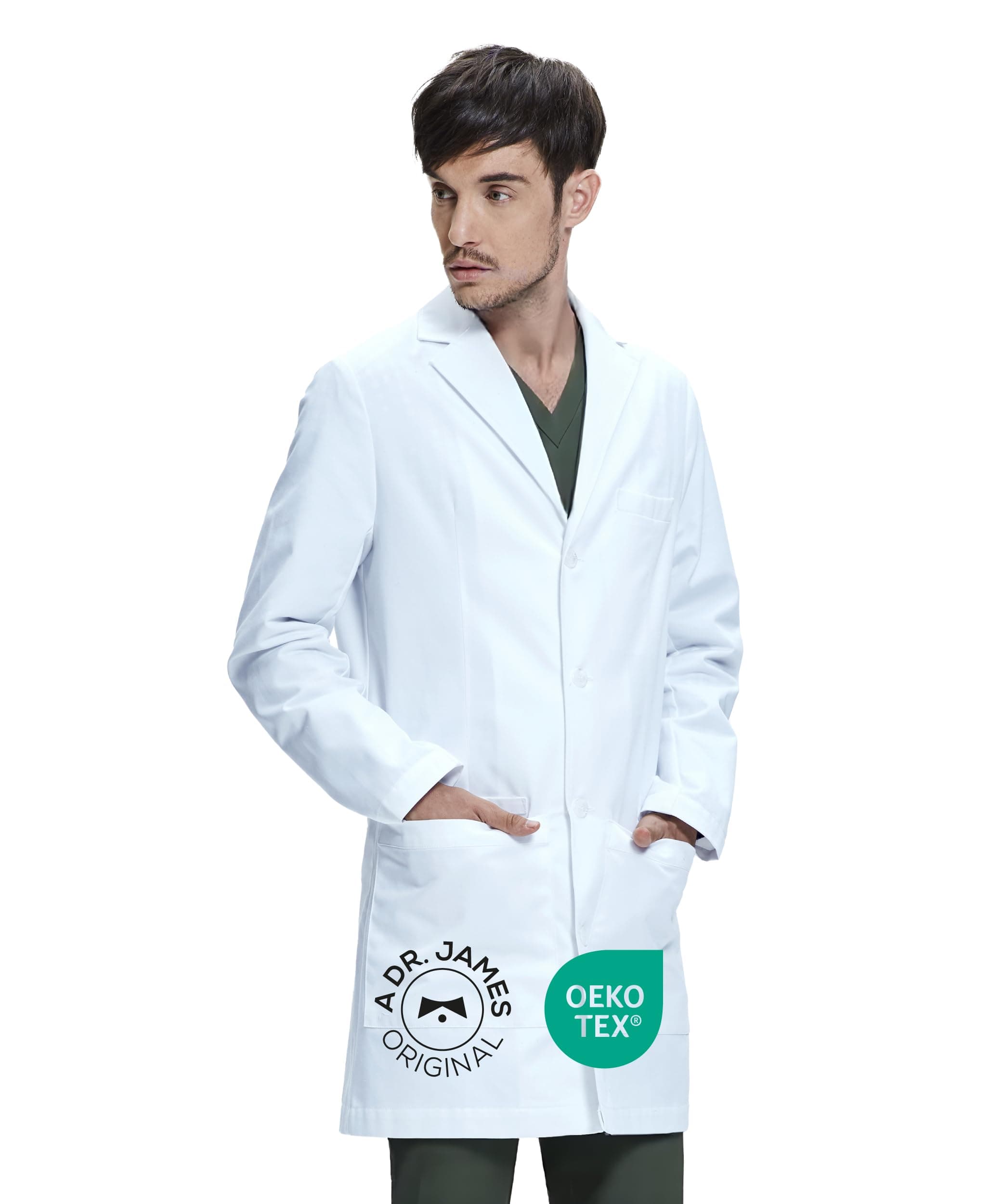 Dr. James Herren Laborkittel aus 100% Baumwolle – Taillierter Schnitt, Taschen für Handy & Tablet, Weiß