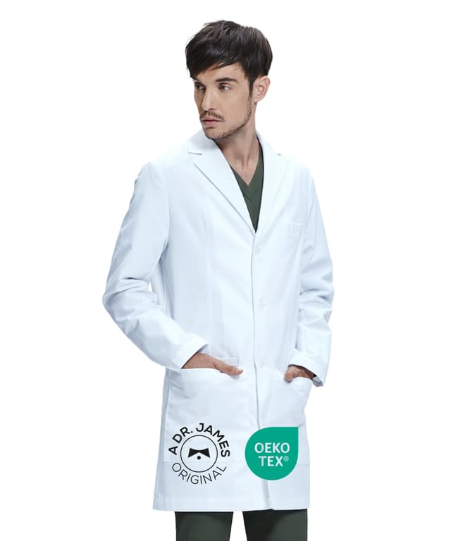 Dr. James Herren Laborkittel aus 100% Baumwolle – Taillierter Schnitt, Taschen für Handy & Tablet, Weiß