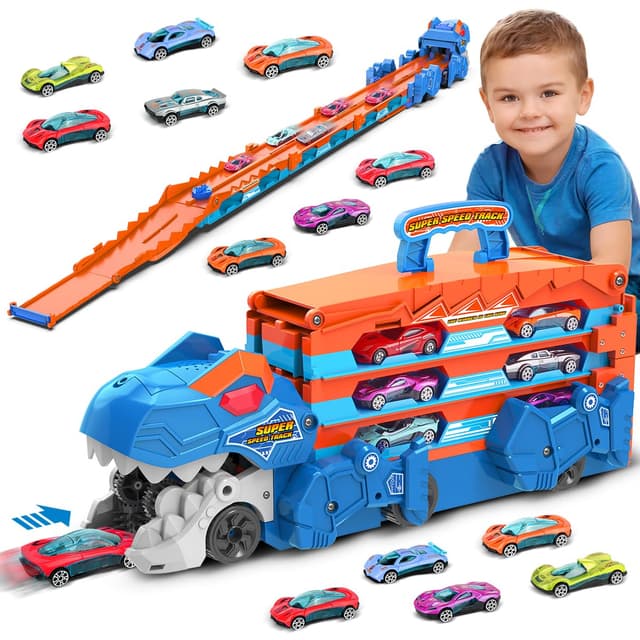 VATOS Dinosaurier Transport Truck Auto Spielzeug - 2 in 1 Auswurf Folding Portable Track Auto mit 8 Race Cars, Träger Fahrzeuge Spielzeug-Set für Kinder Jungen 3-5 Jahre alt
