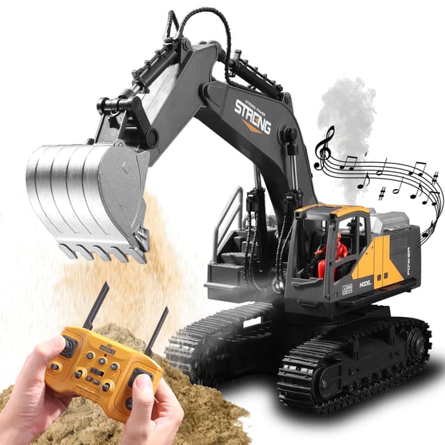 TOMOROY Fernbedienung Bagger Spielzeug 16 Kanal Fernbedienungsbagger Konstruktionsspielzeug Traktor, Simulierter Rauch, Klang, Beleuchtung, Metallgrabenkopf, RC-LKW-Geschenke für Jungen