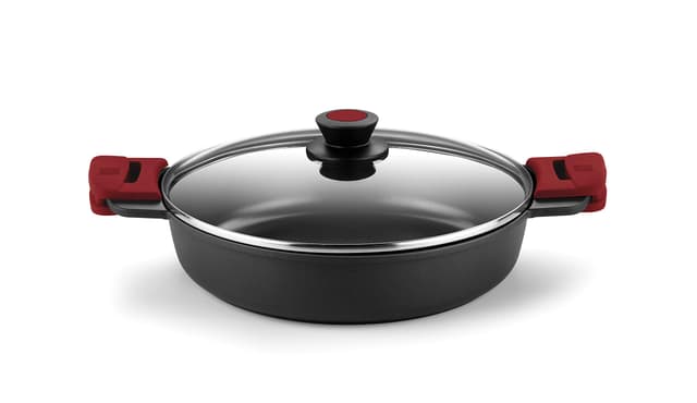 BRA Premiere | Niedriger Schmortopf 28 cm, Aluminiumguss, dreischichtig, verstärkte Antihaftbeschichtung, 2 abnehmbare Silikongriffe, für alle Herdarten einschließlich Induktion geeignet, Farbe Rot