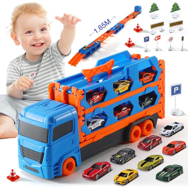 LOVE LIFE Lang Tragbarer Autotransporter für Jungen 3 4 5 6 Jahre mit 8 Mini-Autos.Transportables Spielzeug,das Spaß Macht und die Fantasie anregt Blue