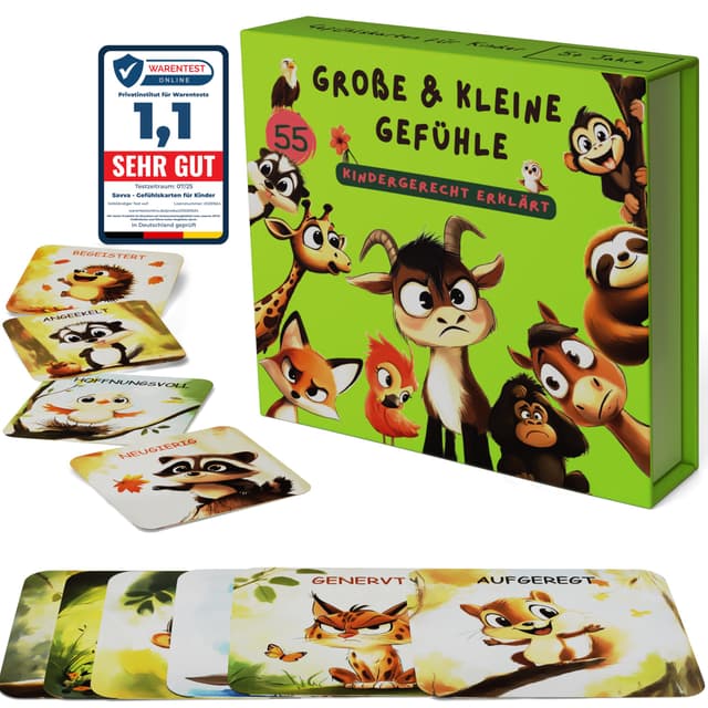 Savva TESTNOTE SEHR GUT Gefühlskarten für Kinder [55 Karten + Erklärtexte] Emotionskarten Liebevoll illustrierte Tiere, Pädagogisches Kartenset für Achtsamkeit + Magnetbox optimal als Geschenk