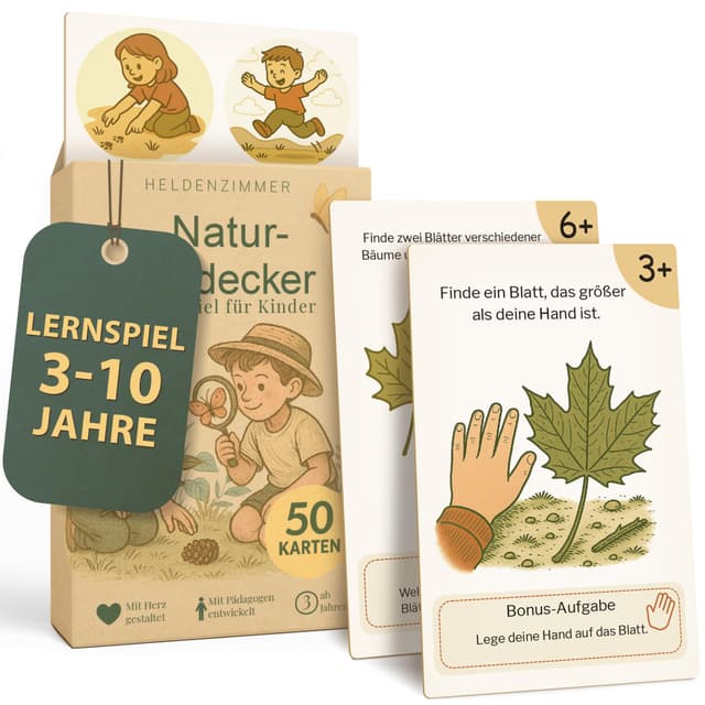 Heldenzimmer Outdoor Suchspiel Kinder – Outdoor Spiele für Kinder | 100 Aufgaben Suchspiel, 50 Doppelseitige Entdeckerkarten 2 Altersstufen, 16 Abzeichen