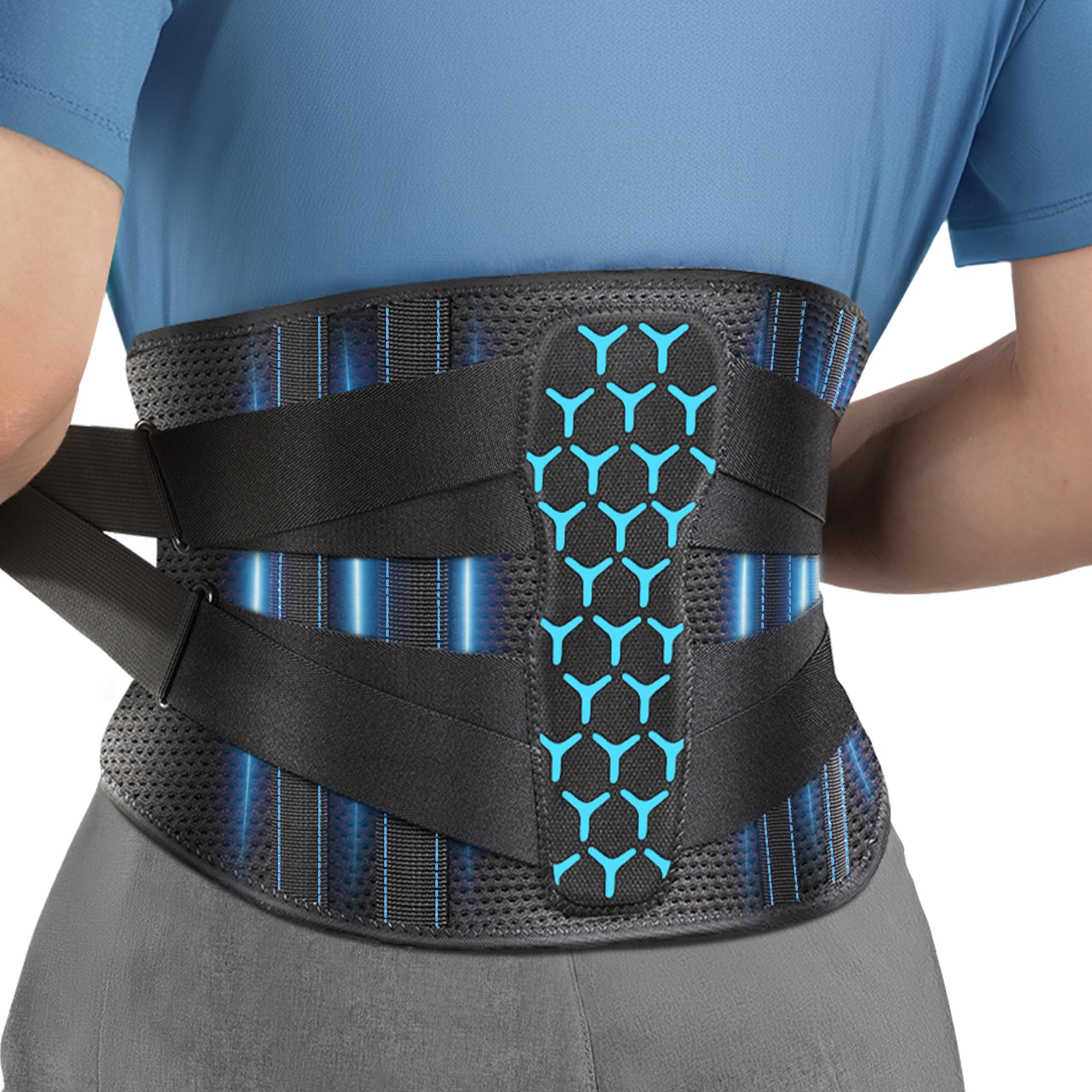 Rakiie Rückenstützgürtel mit Stützstreben Verstellbare Zuggurte und Weiches Atmungsaktives Netzgewebe, Rückenbandage für Rückenschmerzen bei Herren und Damen (Blau, L) L Blau
