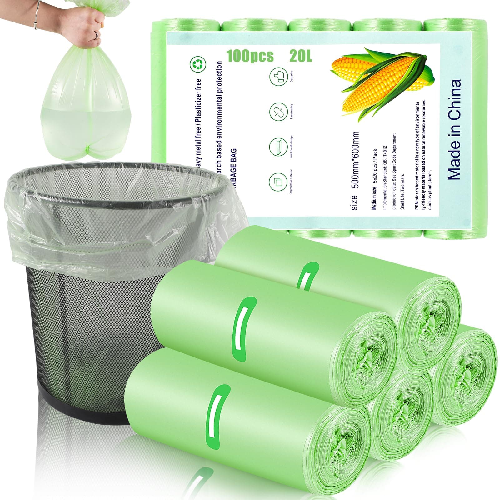 Dntorx 100 Stück Müllbeutel/Mülltüten 20L, 50 x 60 cm Reißfest Müllsäcke Kleine Müllsack Auslaufsicher Küchen Lebensmittel Abfallbeutel Grüner Säcke für Büro Badezimmer Küche Lebensmittelabfälle 20L (100 Stück)