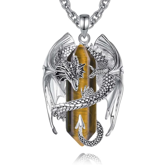 INFUSEU Kristall Drachen Kette, Nordischer Drache Gewickelter Zylinder Edelstein Kristall Anhänger Sechseckiger Heilkristall Anhänger Gothic Naturkristall-Schmuck Geschenk für Männer Frauen Tigerit