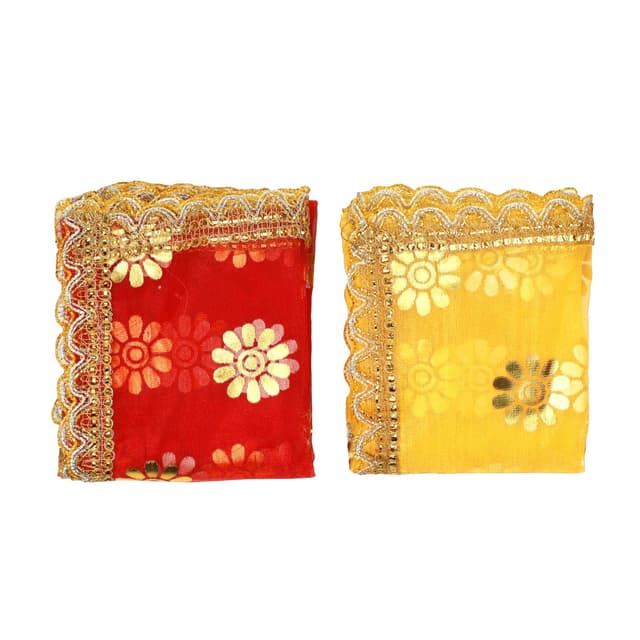 Decorative Chunari Pooja Chunar Netted Cloth Pooja Chunni Indian Traditional Festival Decoration Chunar MATA Ki Chunri for Statue Chowki Aasan Mat (Size:- 42 Inches X 21 Inches)(Red,Yellow)