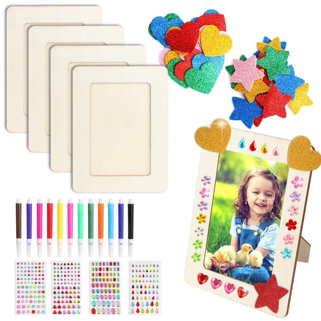 MOSTFUN 4 Stück DIY Holz Bilderrahmen Set, 19x14 cm Kinder Bilderrahmen mit Selbstklebende Glitzersteine Glitter Sticker Bunte Stifte, Kreativität Fotorahmen für Kindergeburtstag Geschenke