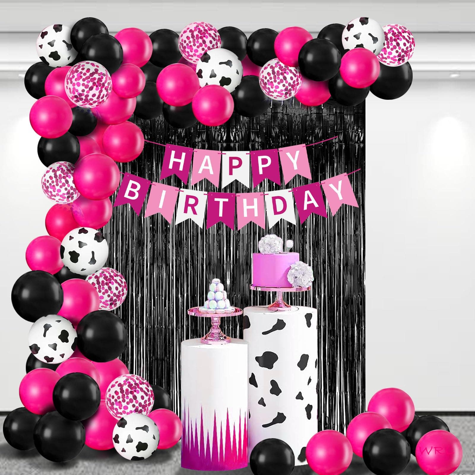 Heißes Rosa und Schwarz Geburtstag Ballon Party Dekorationen, Kuh Geburtstag Dekorationen mit Banner, Fransen Vorhänge Folie Ballons für 13 18. 21. 25 30 40 50. Happy Birthday Dekorationen für Frauen