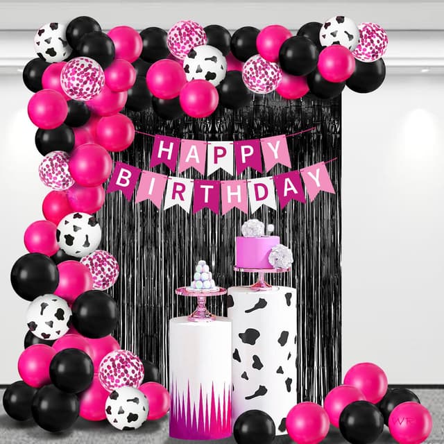 Heißes Rosa und Schwarz Geburtstag Ballon Party Dekorationen, Kuh Geburtstag Dekorationen mit Banner, Fransen Vorhänge Folie Ballons für 13 18. 21. 25 30 40 50. Happy Birthday Dekorationen für Frauen