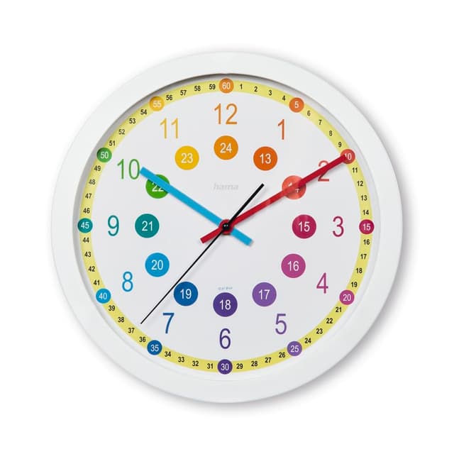 Hama Kinderwanduhr analog, 30 cm, zum Lernen (Wanduhr für Kinder, lautlose Lernuhr Kinder, Kinderuhr als Deko mit Regenbogen Farben für die Schule und Zimmer fürs Kind) weiß