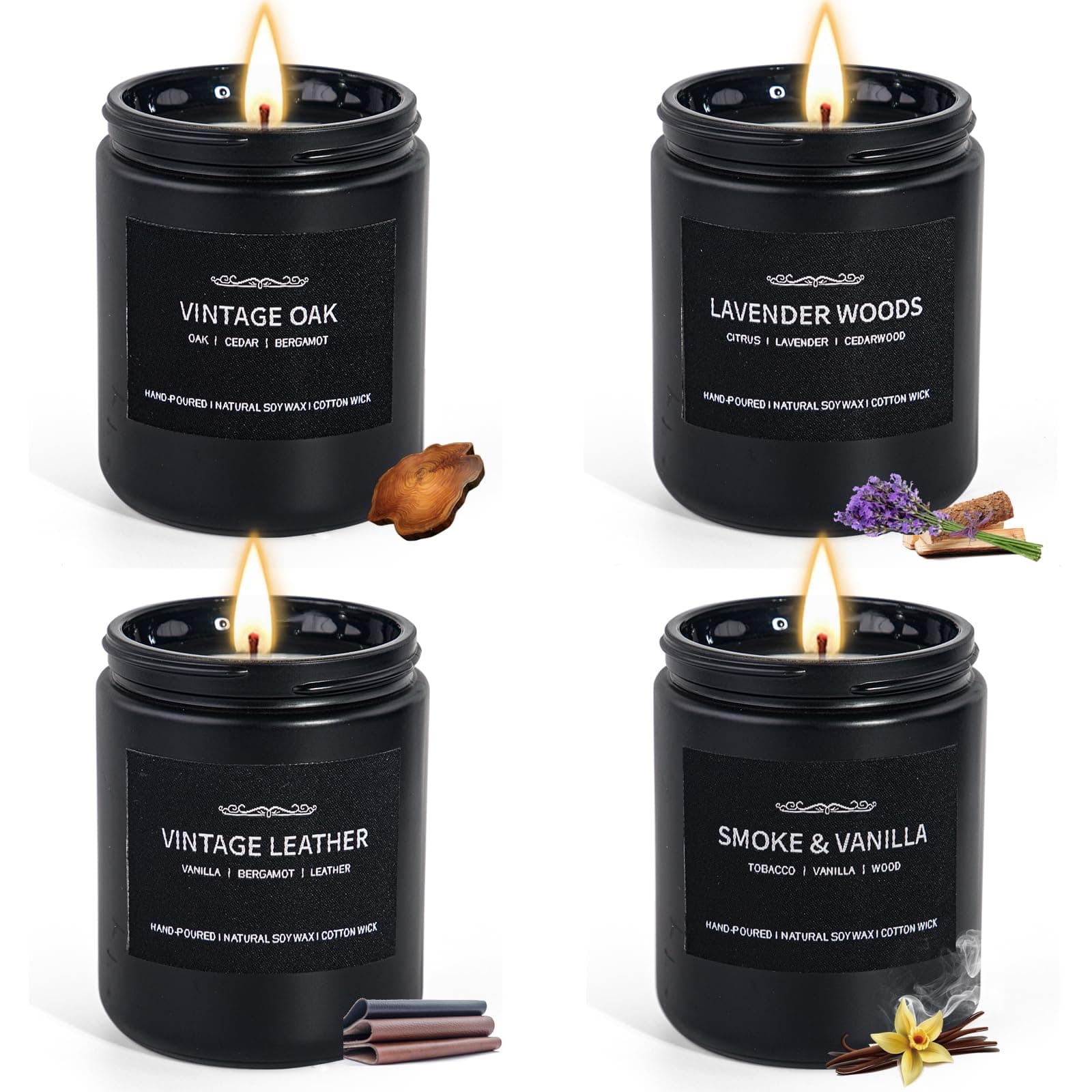 Duftkerzen für Männer, Duftkerzenset Sojawachskerzen für Zuhause Ihn, 4er Pack Herrenduftkerzen Vatertagsgeschenke Geschenke für Männer Düfte von Leder/Eiche/Lavendelholz/Rauchige Vanille Männer Kerzen