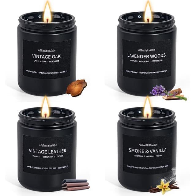 Duftkerzen für Männer, Duftkerzenset Sojawachskerzen für Zuhause Ihn, 4er Pack Herrenduftkerzen Vatertagsgeschenke Geschenke für Männer Düfte von Leder/Eiche/Lavendelholz/Rauchige Vanille Männer Kerzen