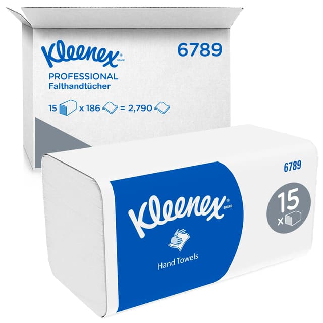 Kleenex Papierhandtücher mit Interfold Faltung 6789, 2-lagige Papiertücher mit V-Faltung, mit Airflex Technologie und FSC-Papier, 15 Packungen x 186 Handtücher (insg. 2.790 Falthandtücher) 2-ply 15 packs x 186 towels / 2,790