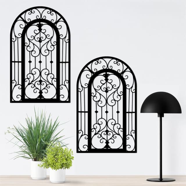ruelen Wanddekoration aus Metall – Fensterbogen, Wandkunst, Wandpaneele aus geschnitztem Schmiedeeisen. Rustikaler Bauernhaus-Stil mit Medaillon-Schnörkel-Design für Wohnzimmer,Schwarz