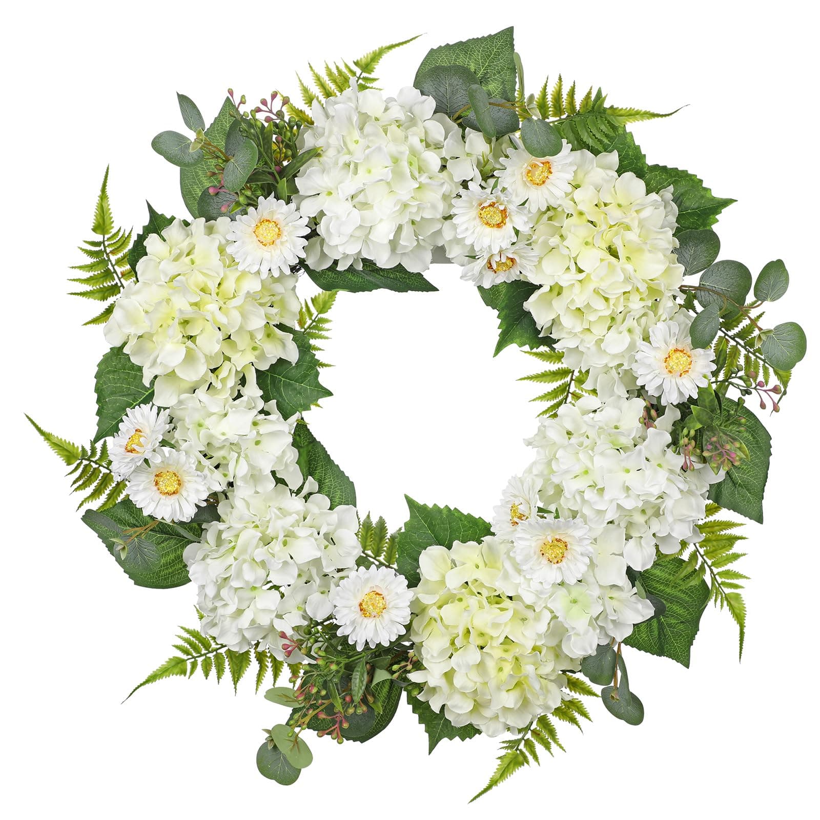 60cm Künstliche Hortensie Kranz Faux Blume Kranz, Weiße Kunst Kranz mit Gänseblümchen Deko Hortensie Dekorativen Kranz für Haustür, Mantel, Wand, Bauernhof Deko Typ 2 60cm / 24in
