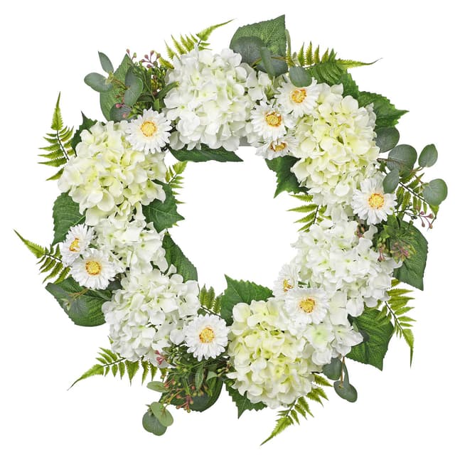 60cm Künstliche Hortensie Kranz Faux Blume Kranz, Weiße Kunst Kranz mit Gänseblümchen Deko Hortensie Dekorativen Kranz für Haustür, Mantel, Wand, Bauernhof Deko Typ 2 60cm / 24in