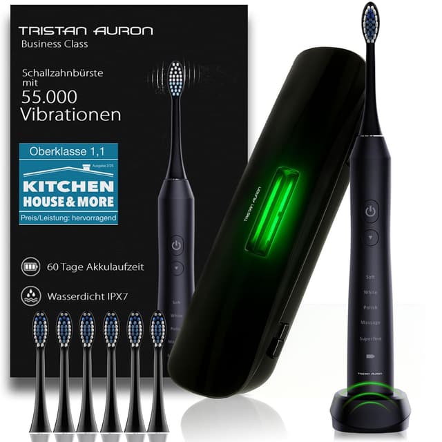 Tristan Auron Schallzahnbürste - Beste Reisezahnbürste 2025-100 Tage risikofrei testen - 55000 Elektrische Schwingungen 5 Programme 60 Tage Batterie mit UV Reiseetui 6 Aufsätze Business Class Schwarz B - mit Reiseetui + 4 Bürstenköpfe (Schwarz)