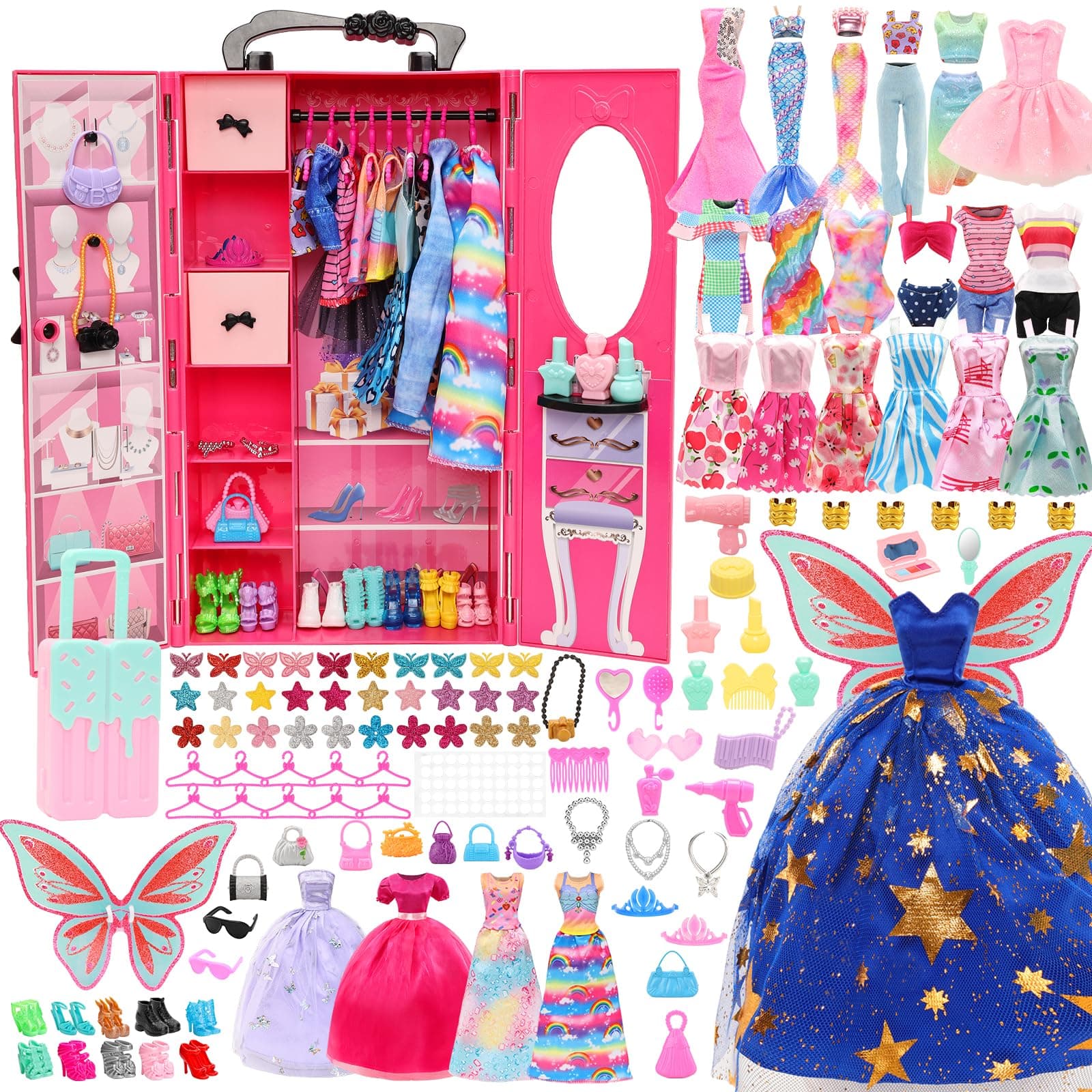 Miunana Kleiderschrank 101 Puppen Kleidung Zubehör Schrank Kleider Zubehör Schuhe Kleiderbügel Halsketten Kronen Tasche Accessoires für 11,5 Zoll Puppen Kleiderschrank Set
